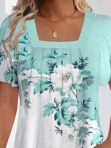 Women Short Sleeve U-neck Floral Printed Graphic Tops