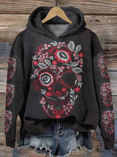 Halloween Skull Embroidered Art Print Casual Hoodie