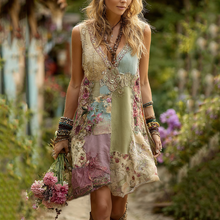 Load image into Gallery viewer, Women's Vintage Floral Splicing Cotton And Linen Tank Dress