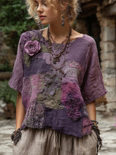 Load image into Gallery viewer, Vintage Purple Patchwork Rose Art Round Neck Loose T-shirt