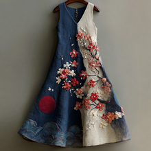 Load image into Gallery viewer, Women's Vintage Japanese Cherry Blossom And Wave Moon Art Linen Dress