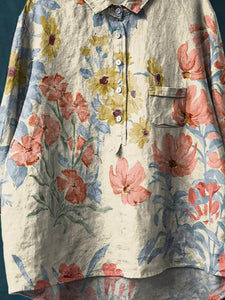 Women's Vintage Floral Art Print Casual Cotton And Linen Shirt