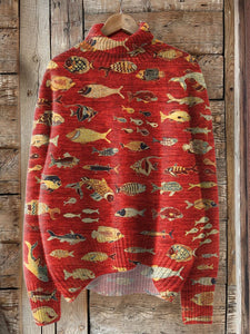 Retro Lovely Fish Art Print Knit Turtleneck Pullover Sweater