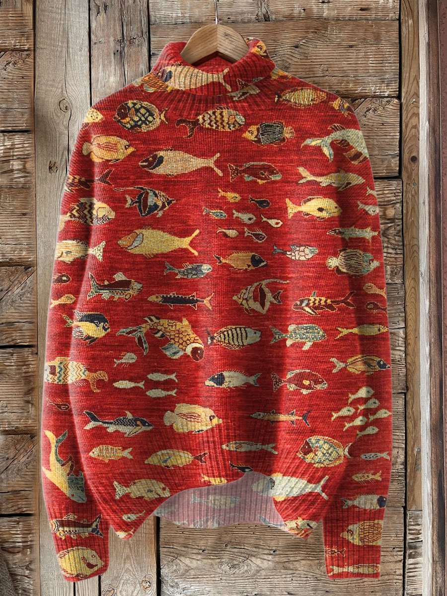 Retro Lovely Fish Art Print Knit Turtleneck Pullover Sweater