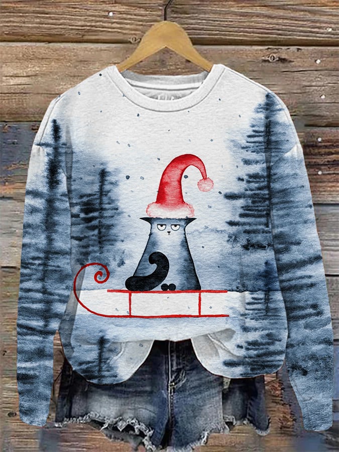 Women's Christmas Cute Cat Printed Round Neck Sweatshirt