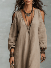 Load image into Gallery viewer, Relaxed Bohemian Cold-Shoulder Linen Midi Dress