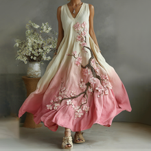 Load image into Gallery viewer, Vintage Cherry Blossoms Embroidered Pattern Linen V Neck Long Dress