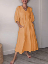 Load image into Gallery viewer, Women's V-neck Solid Color Mid-length Sleeve Cotton and Linen Dress