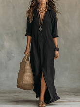 Load image into Gallery viewer, Black Button-Front Bohemian Shirt Maxi Dress
