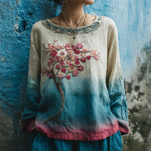 Load image into Gallery viewer, Vintage Plum Flower Embroidery Women's Linen Long Sleeve Shirt