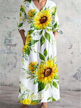 Load image into Gallery viewer, Women&#39;s V-Neck Art Sunflower Floral Pattern Dress With Pockets