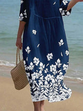 Load image into Gallery viewer, Women's Casual  Round Neck Mid Sleeve Print Cotton and Linen Dress