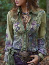 Load image into Gallery viewer, Vintage Purple Lavender And Floral Embroidered Linen Shirt