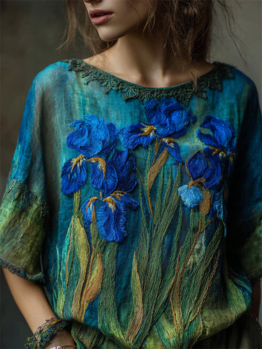 Oil Painting Inspired Irises Embroidered Flowy Linen Tunic