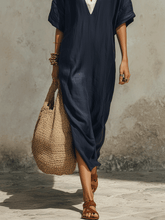 Load image into Gallery viewer, Relaxed Bohemian Deep-V Navy Maxi Dress
