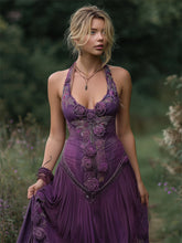 Load image into Gallery viewer, Vintage Purple Roses Embroidered Flowy Linen Dress