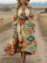 Load image into Gallery viewer, Women's Western Geometric Print V-neck Long Sleeve Midi Dress
