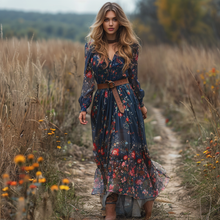 Load image into Gallery viewer, Women's Retro V-neck Floral Long-sleeve Bohemian Pastoral Style Maxi Long Dress