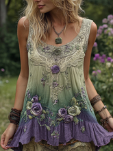 Load image into Gallery viewer, Vintage Classy Gradient Purple Lavender And Floral Embroidered Pattern Linen Tank Top