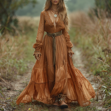 Load image into Gallery viewer, Women's Retro V-neck Country Pastoral Linen Style Long-sleeve Casual Maxi Long Dress