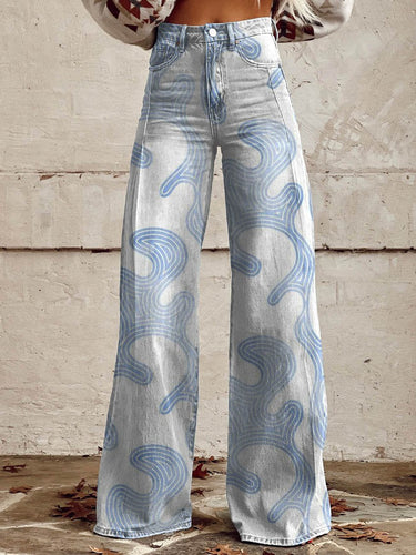 Women's Baby Blue Print Casual Wide Leg Pants