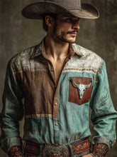 Load image into Gallery viewer, Western Bull Skull Leather Patchwork Men's Linen Long Sleeve Shirt