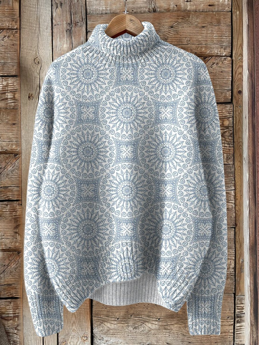 Bohemian Style Geometric Pattern Printed Knit Turtleneck Pullover Sweater