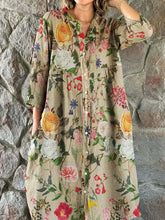 Load image into Gallery viewer, Women's Elegant Vintage Floral Print Shirt Style Cotton and Linen Dress