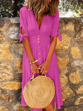 Load image into Gallery viewer, Women's Solid Cotton Linen V-Neck Tie Half-Sleeve Casual Dress