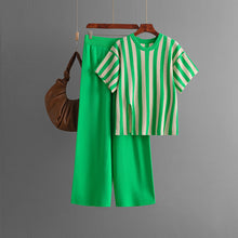 Load image into Gallery viewer, Casual Vertical Stripe Slit Top &amp; High Waist Solid Color Pants Two-Piece Set