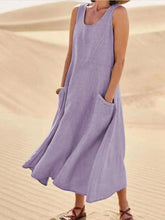 Load image into Gallery viewer, Women Sleeveless Sundress Elegant Round Neck Cotton Linen Solid Long Tank Casual Summer Dress