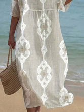 Load image into Gallery viewer, Women's Casual  Round Neck Mid Sleeve Print Cotton and Linen Dress