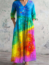 Load image into Gallery viewer, Women&#39;s V-Neck Rainbow Gradient Pattern Dress With Pockets