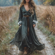Load image into Gallery viewer, Women's Vintage V-neck Linen Long-sleeve Maxi Long Dress