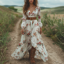 Load image into Gallery viewer, Women's Retro V-neck Floral Long-sleeve Bohemian Pastoral Style Maxi Long Dress