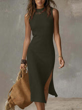 Load image into Gallery viewer, Stand-collar Split-hem Cotton And Linen Midi Dress