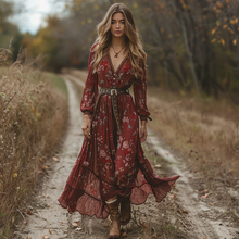 Load image into Gallery viewer, Women's Vintage V-neck Floral Bohemian Pastoral Style Long-sleeved Maxi Long Dress