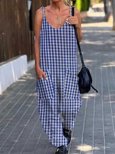 Women's Retro Plaid Design Casual Pocket Jumpsuit