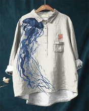 Load image into Gallery viewer, Japanese Art Jellyfish Print Casual Cotton and Linen Shirt