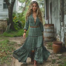 Load image into Gallery viewer, Women's Retro V-neck Plaid Long-sleeve Bohemian Pastoral Style Maxi Long Dress