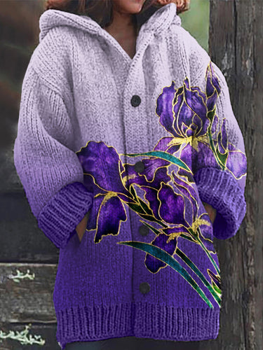 Classy Irises Gradient Cozy Knit Hooded Cardigan