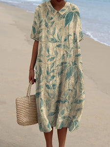 Women's Vintage Floral Art Print Pocket Linen Dress