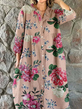 Load image into Gallery viewer, Women's Elegant Vintage Floral Print Shirt Style Cotton and Linen Dress