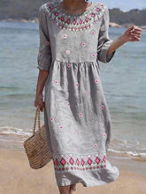 Load image into Gallery viewer, Women's Casual  Round Neck Mid Sleeve Print Cotton and Linen Dress
