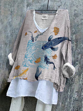 Load image into Gallery viewer, Marine Life Art Linen V-neck Shirt