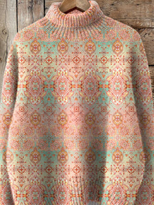 Spring Color Ethnic Style Pattern Printed Knit Turtleneck Pullover Sweater