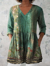Load image into Gallery viewer, Women's Retro Floral Art Print Casual Cotton And Linen V-neck Top