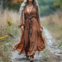 Load image into Gallery viewer, Women's Vintage Pastoral Style V-neck Linen Long-sleeve Maxi Long Dress