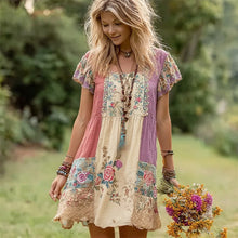 Load image into Gallery viewer, Boho Floral Patchwork Art Women's Linen Short Sleeve Mini Dress