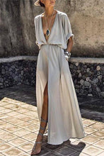 Load image into Gallery viewer, Deep V-neck Solid Color Mid-sleeve Large Swing Skirt Split Long Dress